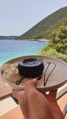 Chocolate Dessert with Sea View on Lefkada, Ionian Islands, Greece
