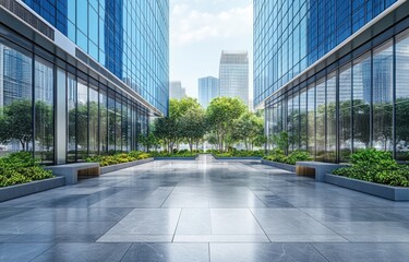 Modern office buildings with green trees and a paved walkway