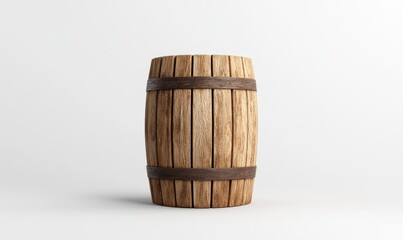 Wooden barrel with metal bands on a light background showcasing craftsmanship in rustic style, ideal for design, decor, and vintage themes in stock photography.