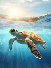 Obraz premium Sea Turtle Swimming Underwater in Ocean with Sun Rays and Bubbles