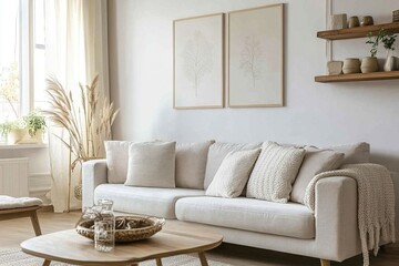 Cosy and stylish interior design of living room with modular white sofa, wooden furnitures, paintings on the wall, decorations, windowsill and personal accessories. Home styling. Template.