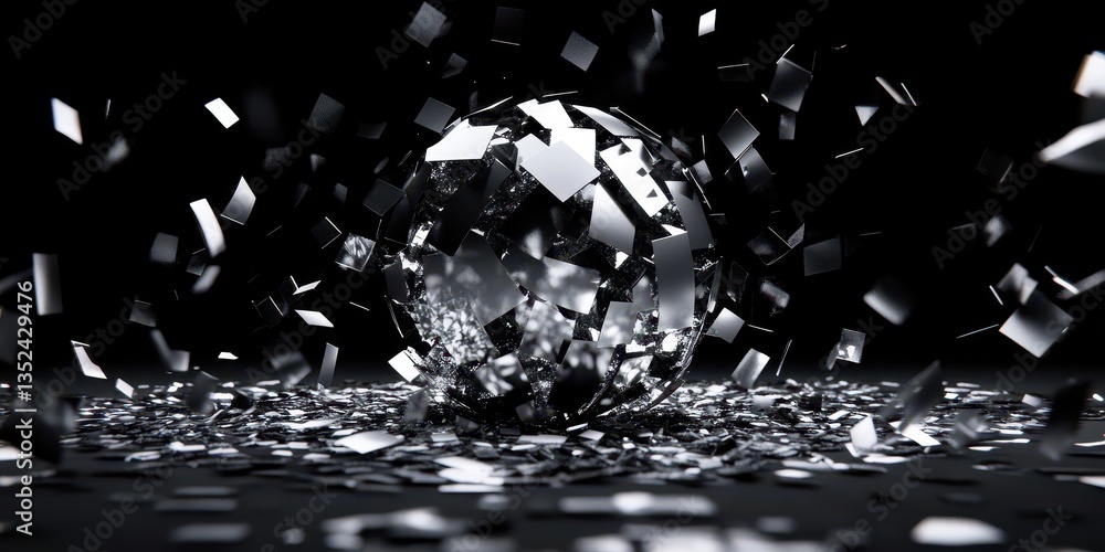 Poster a sphere breaking apart into shiny reflective fragments on a dark background