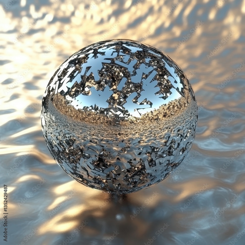 Poster a shimmering sphere of metal with a fragmented textured surface