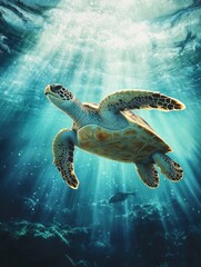 Obraz premium Swimming Sea Turtle Under Ocean Sunbeams Explores Underwater World