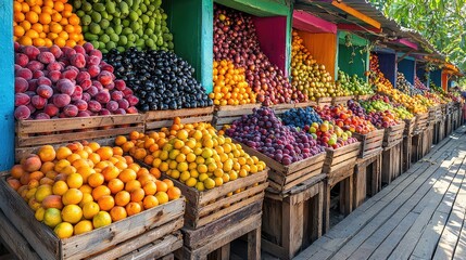 Obraz premium Colorful fruit market stalls display various fresh produce; sunny day; wooden boardwalk; healthy food