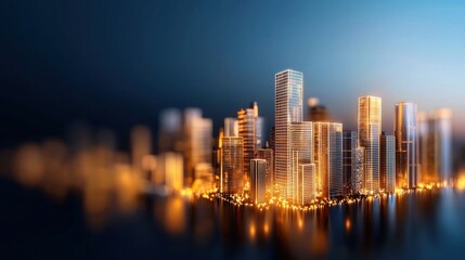 Fototapeta premium Blurred city skyline with illuminated buildings at dusk.