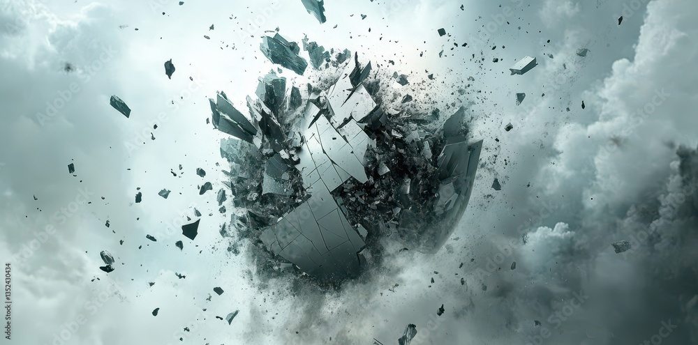 Poster a shattered sphere explodes apart amidst a cloudy atmospheric environment