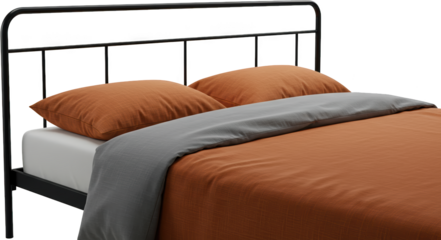 Modern Metal Bed Frame with Rust Orange Bedding and Grey Duvet Stylish Bedroom Decor