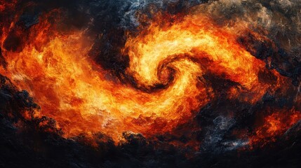 A fiery swirl of burning orange and black smoky textures appears