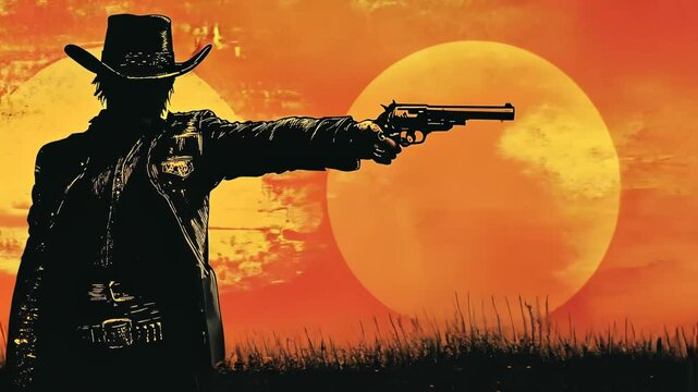 Cowboy Western Animation Vector Illustration of Wild West Gunfight with Sheriff Outlaw and Desert Elements