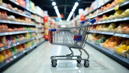 A nearly empty shopping cart in a supermarket aisle , minimal, aisle view, empty cart