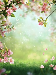 Blooming Cherry Blossom Branch Over Lush Green Grass Springtime Scene