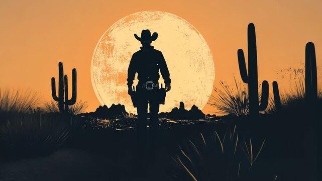 Cowboy Silhouette Cartoon Illustration of Wild West Scene with Sheriff and Outlaw Gunfight at Sunset