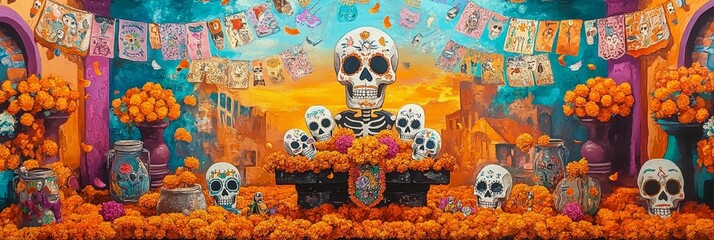 Obraz premium Day of the Dead vibrant skull celebration