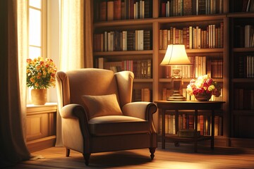 Cozy reading room with soft sofa, warm lighting, and elegant interior decor creating a comfortable and inviting home atmosphere for relaxation and study.