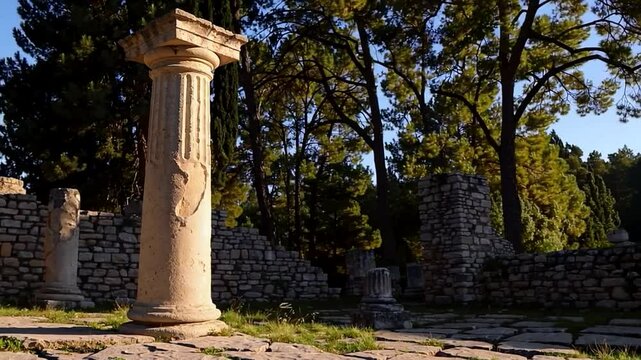 Ancient Greek ruins surrounded by lush trees, symbolizing historical exploration and cultural heritage during travel and archaeology holidays