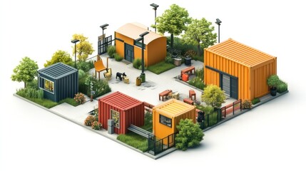 Modular Eco Friendly Container Homes in Vibrant Outdoor Setting with Trees Plants and Sustainable Landscaping Elements