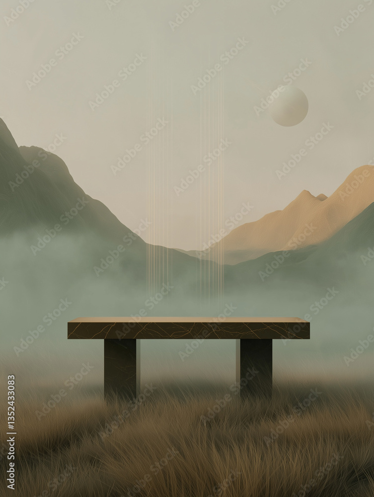 Poster digital illustration of a wooden bench in the middle of a field with tall grass. the bench is in the