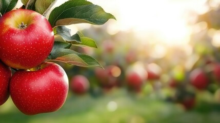 Fresh apples on a tree branch in a sunny orchard.