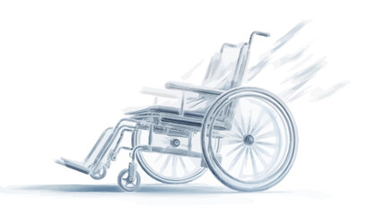 Fototapeta premium A digital illustration depicting a wheelchair in a stylized, technical drawing format. The wheelchair is rendered in shades of light gray on a white background. The lines are clean and precise,