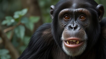 Obraz premium Black primate shows its teeth in nature, with its brown eyes looking forward