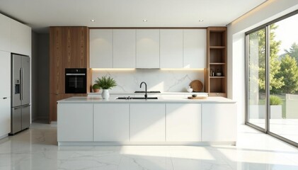 Bright white kitchen, dark wood accents, marble countertops , pendant lights, backsplash, cabinets