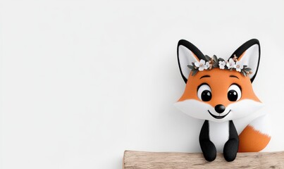 Fototapeta premium Cute cartoon fox figure with a floral crown sitting on a wooden shelf against a minimalist white background, perfect for children's decor and playful themes