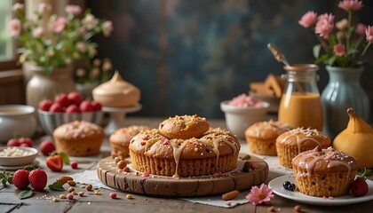 Delicious Freshly Baked Cupcakes Decorated with Frosting, Nuts, Fruits and Surrounded by Flowers