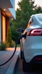 Charging cable connects electric car to modern house charging station, green living, energy efficiency, power