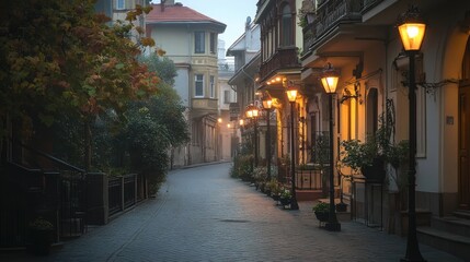 Fototapeta premium Misty Morning on a Cobblestone Street: European Charm at Dawn