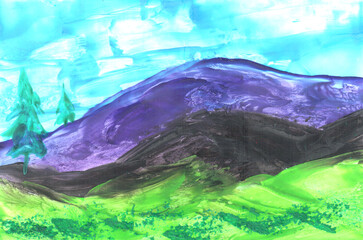 Fototapeta premium Mountain landscape, purple mountain, green grass, nature. Art, painting. Encaustic, art decoration, sketch. Illustration hand drawn modern, hot wax new