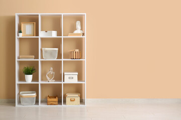 Shelving unit with decoration near beige wall