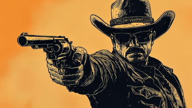 Cowboy in Wild West Animated Cartoon Illustration with Gunfight Scene and Desert Landscape