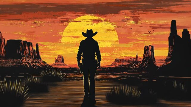 Sunset Silhouette Cowboy Showdown in the Wild West Vector Illustration
