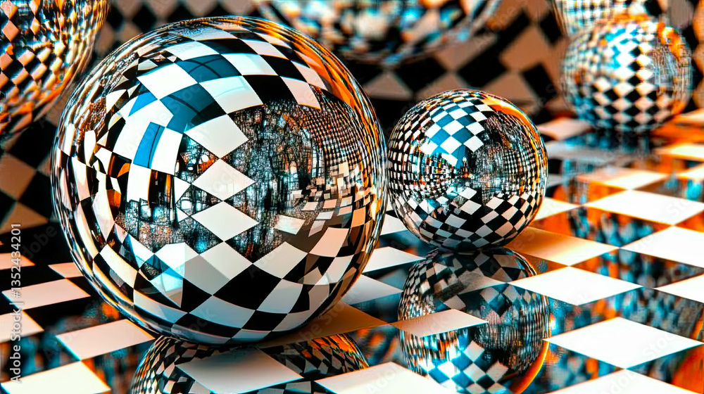 Poster explore fascinating optical illusions with reflective spheres and checkerboard patterns