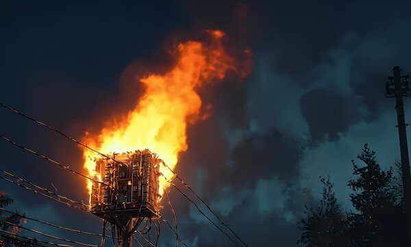 Fiery structure atop utility pole at night