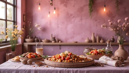 Fototapeta premium Elegant Dining Table with Fresh Salads and Rustic Decor in Cozy Home Environment