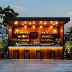 Illuminated Outdoor Bar Patio with Tropical Cocktail Lounge Ambiance  Cozy evening setting with tables chairs and lighting fixtures creating a relaxing and celebratory atmosphere for drinks