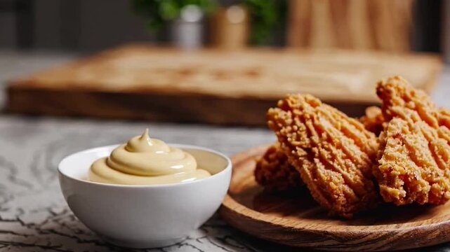 Crispy fried chicken wings beside tangy mustard dip, perfect for a game night, comfort food delight, casual dining
