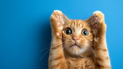 Cute orange cat with blue background raising paws in joyful pose