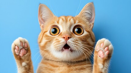 Adorable surprised orange cat with big eyes against blue background