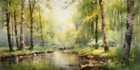 Fototapeta premium A serene forest landscape featuring a gentle stream flowing through lush greenery, with sunlight filtering through the trees, creating a peaceful atmosphere ideal for relaxation and nature appreciatt