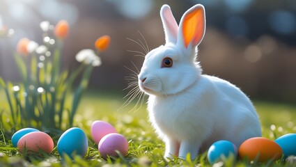 Fototapeta premium A white rabbit sits in green grass surrounded by vibrant, colorful Easter eggs