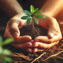 Hands holding a small growing plant with care