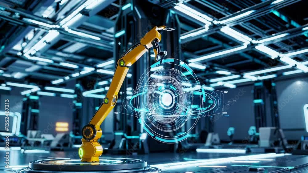 Poster yellow industrial robotic arm positioned on circular platform with advanced holographic digital proj