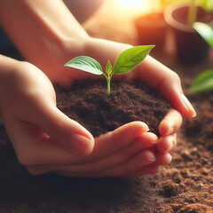 Hands holding a small growing plant with care