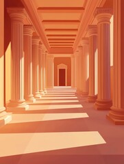 Walking Through Ancient Colonnade Corridor with Sunlight and Shadows