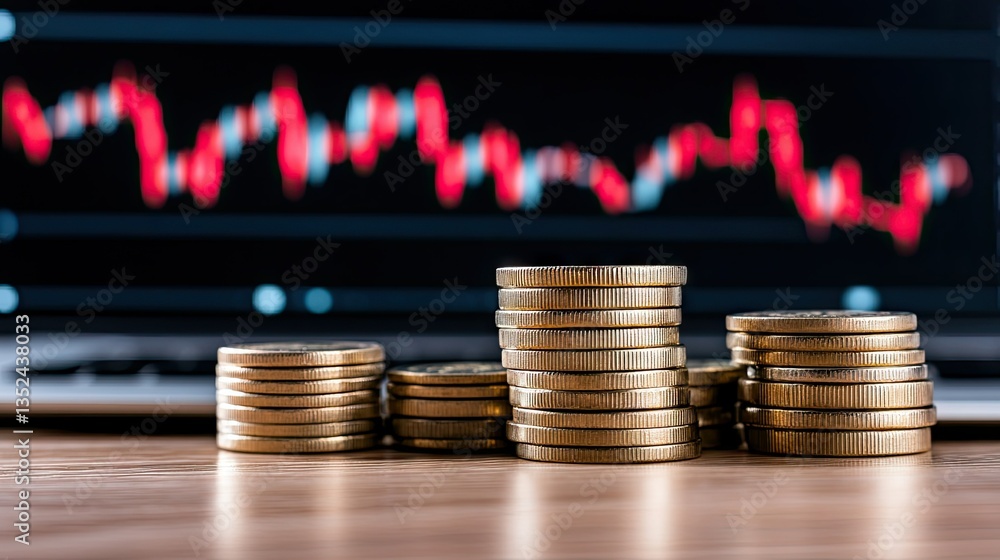 Poster stacks of coins are placed in focus while a blurred line graph indicating financial trends is seen o