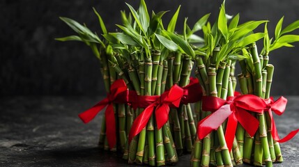 Obraz premium Lucky Bamboo Stalks Tied with Festive Red Ribbons for Gift Giving