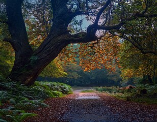 Entrando en un sendero en medio de un frondoso bosque oto&ntilde;al, 
